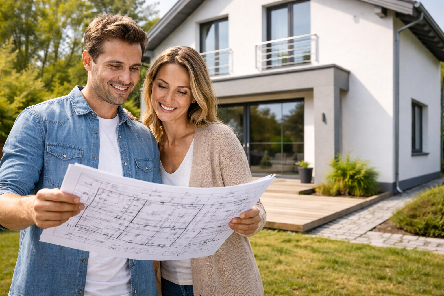 Paar vor einem Haus mit Bauplänen bei der Planung einer Sicherheitslösung